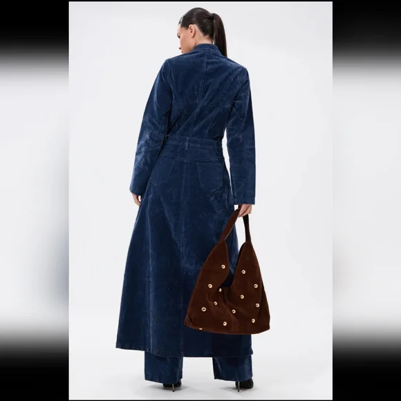 *Velvet Effect TRENCH and TROUSER SET in Blue - XL - Picture 2 of 5